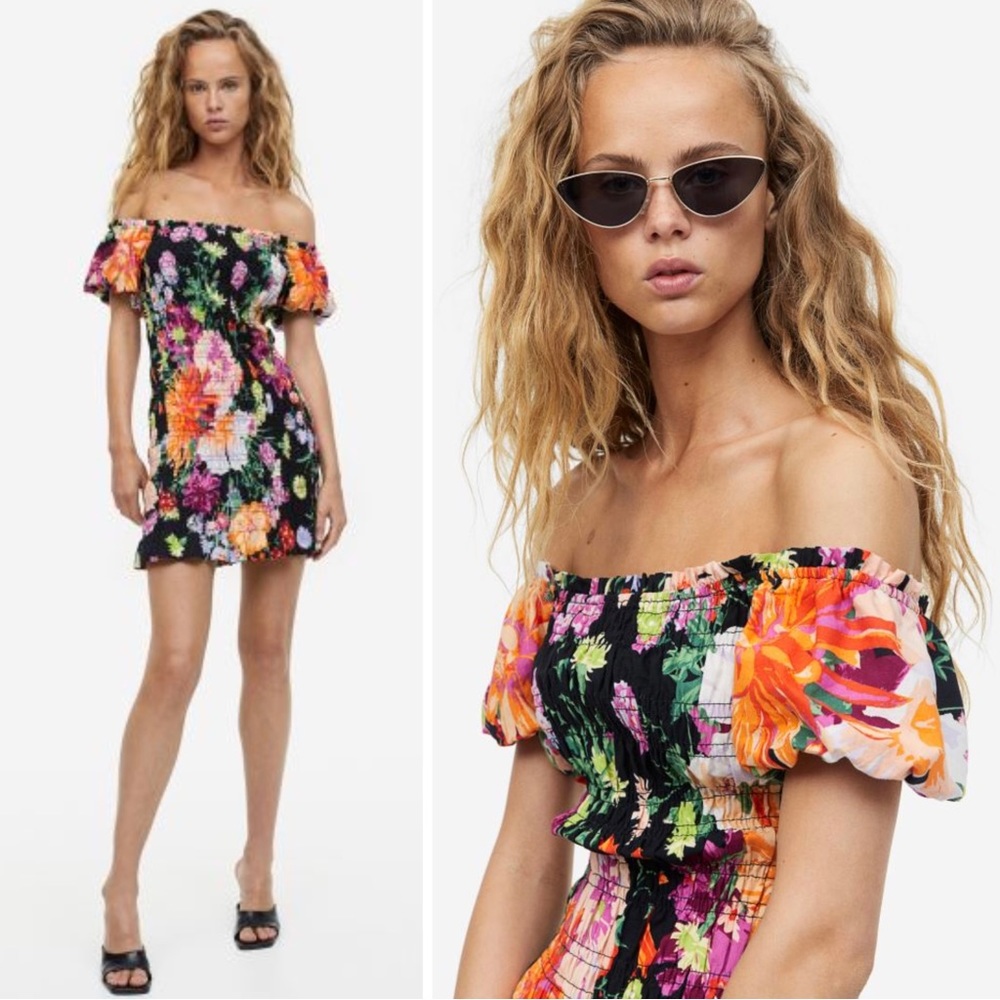Puff Sleeve Smocked Black Floral Print Linen Blend Short Cotton Dress H&M XXL